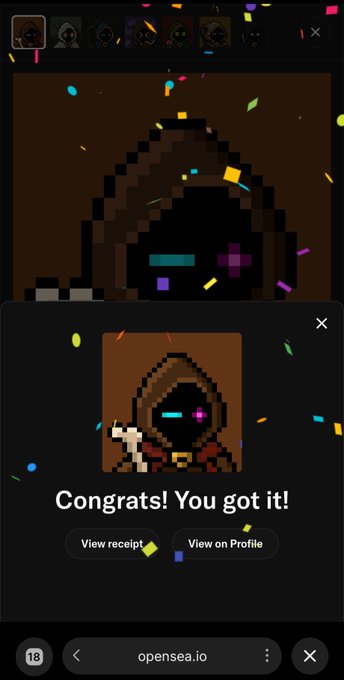 A celebratory OpenSea pop-up displays a pixel-art hooded NFT with glowing pink and teal eyes, accompanied by the text "Congrats! You got it!" along with options to "View receipt" and "View on Profile." The image reflects the user's excitement about acquiring their first NFT, tying into their post about sniping the asset as an investment tied to Robinhood and Stockbrokers.