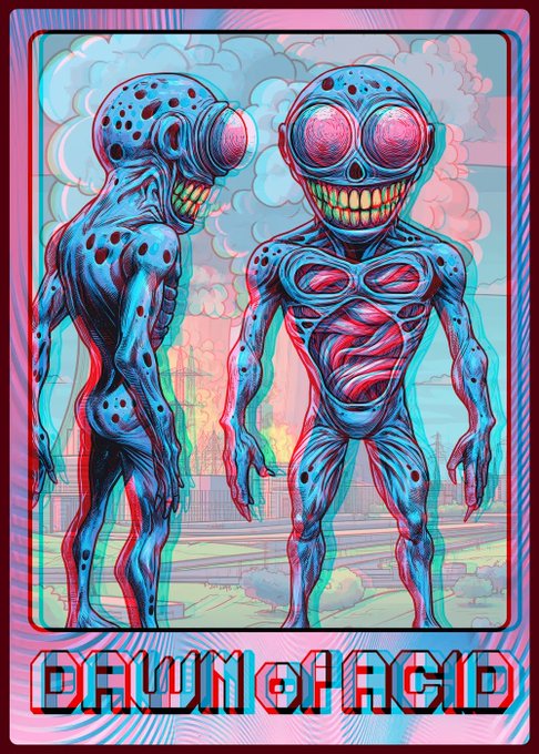 A stylized, glitch-effect illustration showing two creepy, blue, spotted humanoid figures with oversized grinning mouths and large round eyes, with text at the bottom reading 'DAWN OF ACID'.