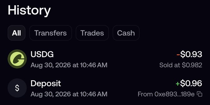 A crypto transaction history showing a $0.96 USDG deposit on August 30, 2026, from an unknown address (0xe893...189e) followed by an immediate sale of USDG at $0.982, netting a $0.93 loss—illustrating the classic "dust attack" scam where attackers send tiny amounts of tokens to random wallets hoping recipients interact with malicious smart contracts.