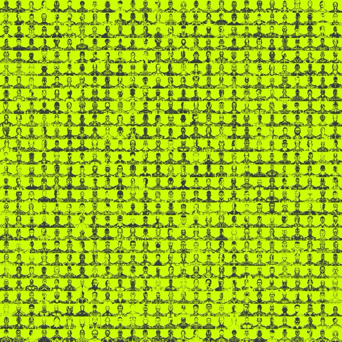 A repeating pattern of small, dark, sketch-like faces arranged in a grid on a bright yellow-green background.