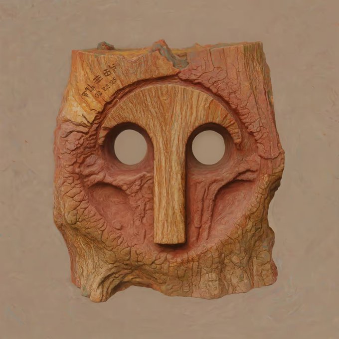 A wooden carved mask or sculpture features stylized facial features including two round eye holes and an elongated nose, with handwritten text on the upper left reading "Forest 中田" and "2025.25."