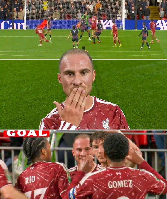 A soccer match collage showing a player in a red Liverpool jersey kissing his hand in celebration, with a 'GOAL' graphic and teammates including 'RIO' and 'GOMEZ' visible below.