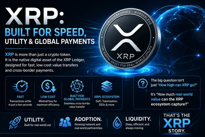 An infographic about XRP titled 'BUILT FOR SPEED, UTILITY & GLOBAL PAYMENTS', describing it as the native digital asset of the XRP Ledger with features like fast transactions, low cost, and global payments, ending with 'THAT'S THE XRP STORY'.