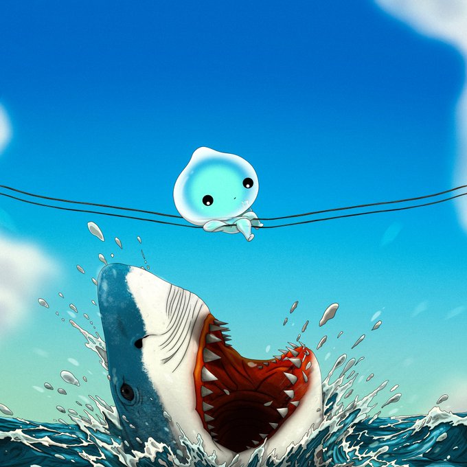 A digital illustration of a cute cartoon blob character sitting on a wire above a menacing great white shark breaching the ocean surface with its jaws open.