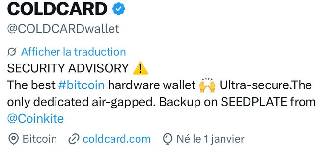 The image shows a screenshot of COLDCARD's (@COLDCARDwallet) Twitter profile bio, which advertises itself as "The best #bitcoin hardware wallet" that is "Ultra-secure" and "The only dedicated air-gapped" with backup via SEEDPLATE from @Coinkite. The post mocks the irony of COLDCARD branding itself as "ultra-secure" while displaying a "SECURITY ADVISORY ⚠️" warning in their very own bio, highlighting the contradiction between their security-focused marketing and the fact that users can still "get fucked" despite following best practices.