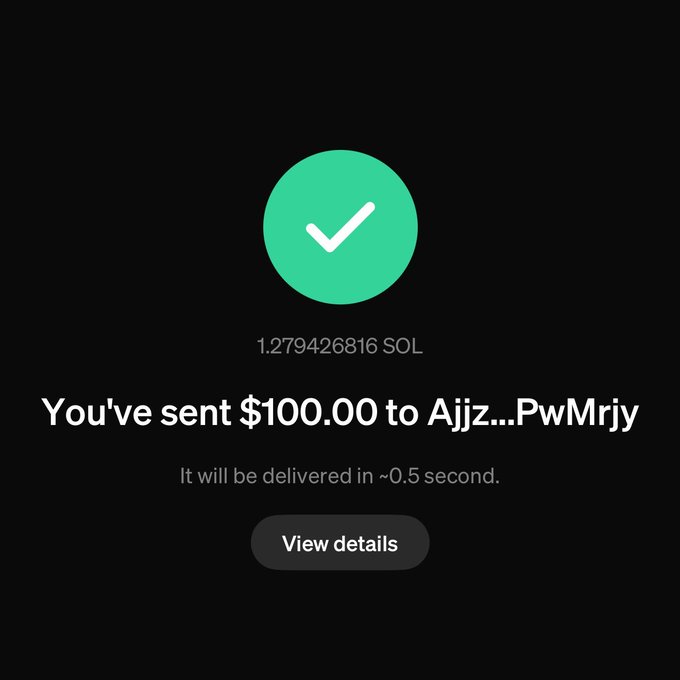 A confirmation screen showing a successful transaction of $100.00 (1.279426816 SOL) sent to "Ajjz...PwMrjy," with an estimated delivery time of ~0.5 seconds and a "View details" button. The image ties to the post "yes we can" by demonstrating the speed and simplicity of completing a crypto transaction.