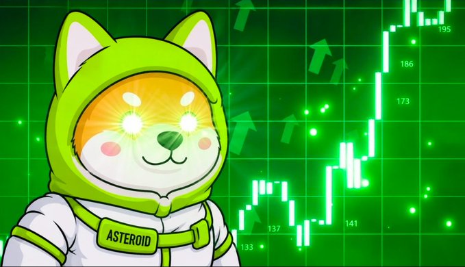 A cartoon Shiba Inu dog wearing a green hooded jacket labeled "ASTEROID" glows with bright eyes against a green background featuring an upward-trending candlestick chart and arrow motifs, visually reinforcing the bullish sentiment that "$ASTEROID" predicts an overwhelmingly green future.