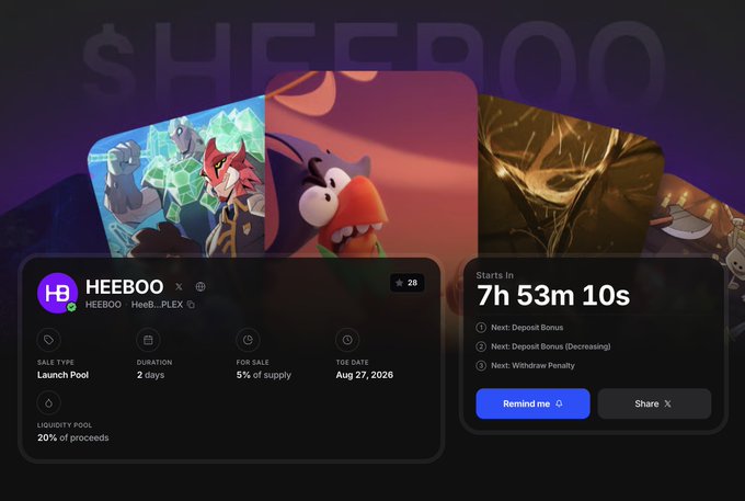 A promotional card for the HEEBOO token launch pool with a 2-day duration starting Aug 27, 2026, showing a countdown of 7h 53m 10s and details on deposit bonuses.