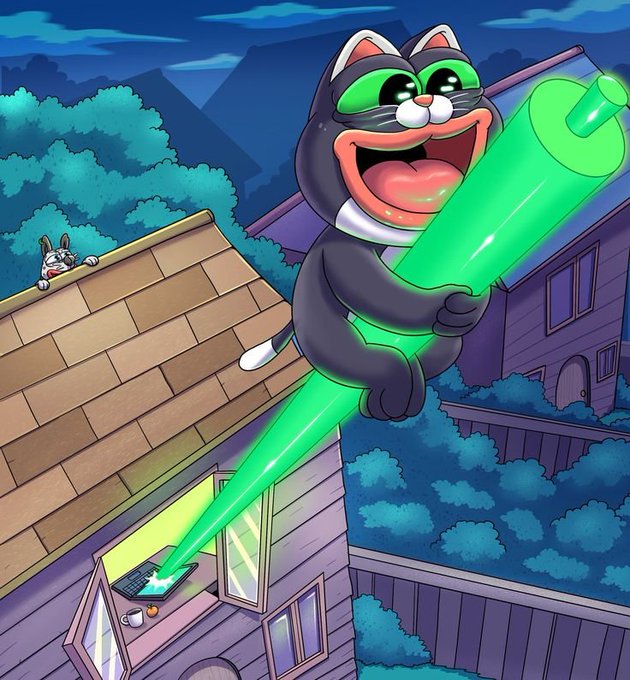 An illustrated scene of a black cat with large green eyes riding a glowing green pencil through the night sky over rooftops, while another small cat watches from a shingled roof.