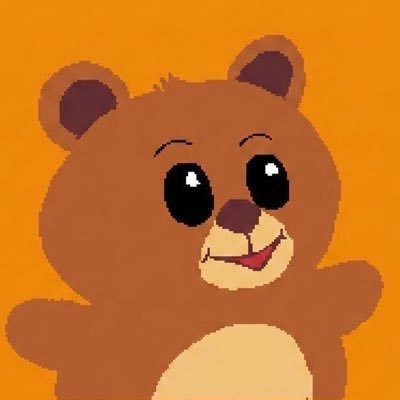 A cartoon illustration of a smiling brown teddy bear with large black eyes against a solid orange background.