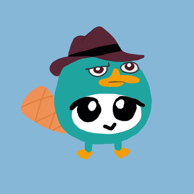 Cartoon teal bird-like character wearing a brown fedora with a panda face design on its belly.