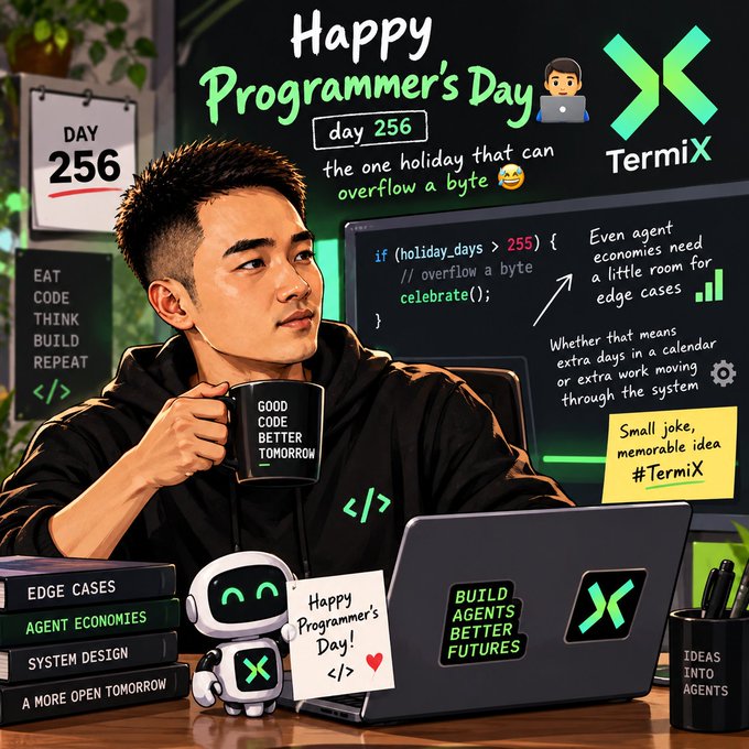 A "Happy Programmer's Day" illustration celebrating Day 256 featuring a man holding a mug labeled "GOOD CODE BETTER TOMORROW" alongside a small robot holding a card reading "Happy Programmer's Day!" with the TermiX logo.