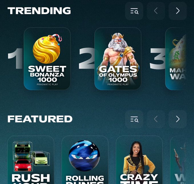 A mobile app interface displays a 'TRENDING' section featuring 'SWEET BONANZA 1000' and 'GATES OF OLYMPUS 1000' by Pragmatic Play, followed by a 'FEATURED' section with games like 'RUSH' and 'CRAZY TIME'.