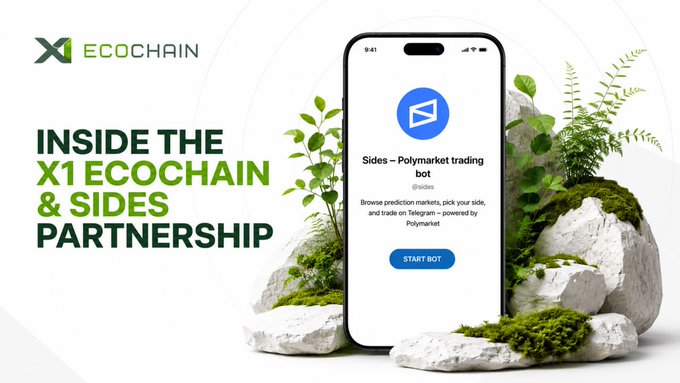 A promotional banner for X1 EcoChain and Sides announcing their partnership, featuring a smartphone displaying a Telegram bot interface for "Sides – Polymarket trading bot" with a "START BOT" button, set against a backdrop of moss-covered rocks and greenery, with the headline "INSIDE THE X1 ECOCHAIN & SIDES PARTNERSHIP."