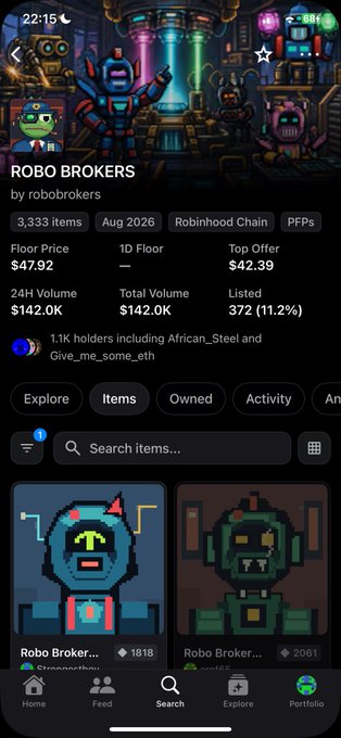 The screenshot shows the "Robo Brokers" NFT collection on Robinhood Chain, displaying a Floor Price of $47.92 and a 24H Volume of $142.0K, with 3,333 items and 1.1K holders. The post relates to the image by expressing regret at missing the initial mint of the collection, prompting the user to prepare for a future price increase ("cook").