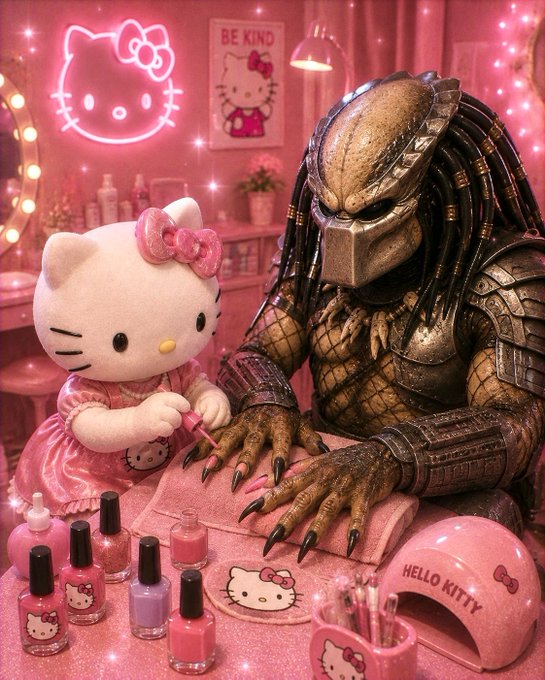A pink-themed image showing Hello Kitty giving a manicure to the Predator, complete with nail polish bottles, a "HELLO KITTY" UV lamp, and a "BE KIND" poster on the wall.
