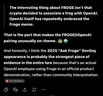 A social media post discussing how OpenAI has embraced the FROGE meme and crypto pairing, noting the 2025 'Ask Froge' DevDay appearance by an OpenAI employee as strong evidence. It includes a frog emoji and is labeled 'Ars Technica'.