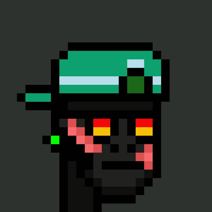 Pixel art image of a dark character with a green cap/bandana, red and yellow glowing eyes, and what appears to be blood or red marks on its face against a black background.