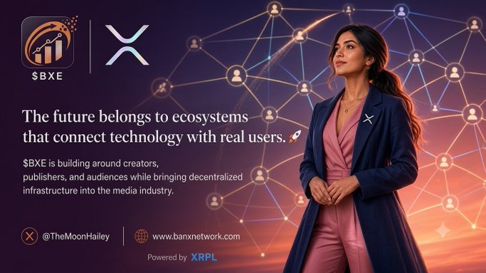 An advertisement for "$BXE" with text "The future belongs to ecosystems that connect technology with real users," featuring an illustrated woman in business attire against a network background.