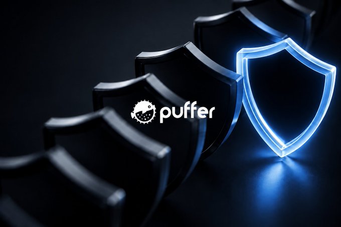 The Puffer logo is displayed on a row of shields, with one highlighted in a bright blue glow, symbolizing enhanced security beyond an initial audit.
