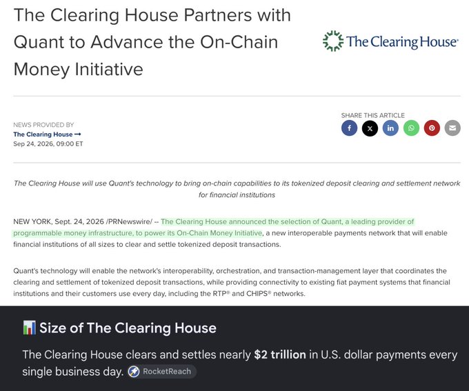 A press release headline reads 'The Clearing House Partners with Quant to Advance the On-Chain Money Initiative', with text explaining Quant's technology for tokenized deposit clearing and a note that The Clearing House settles nearly $2 trillion daily.
