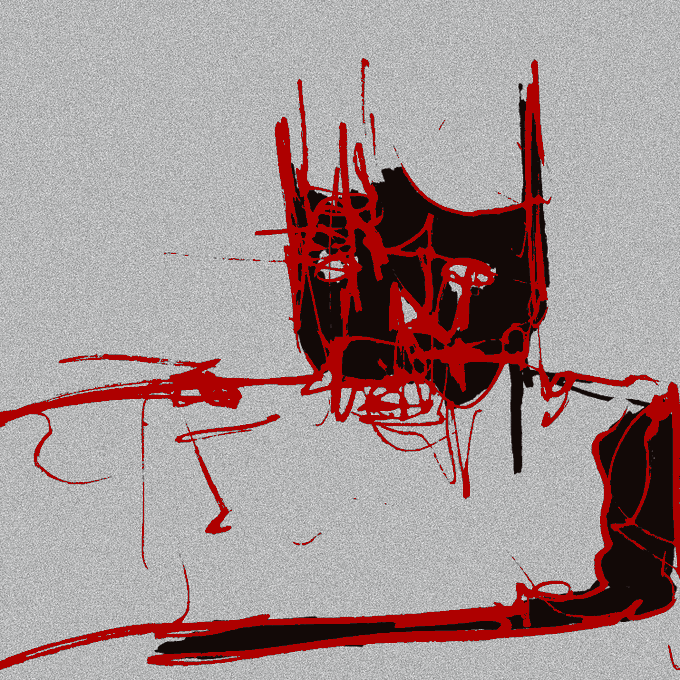 An abstract, sketchy digital artwork rendered in black and red strokes on a gray background, depicting a distorted figure or face.