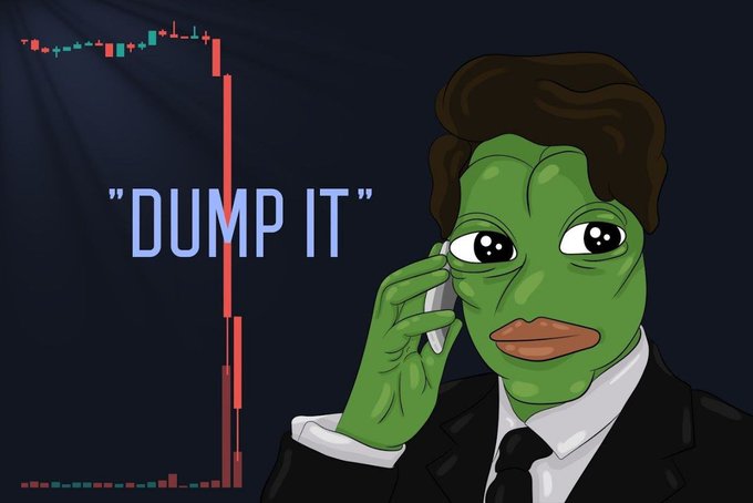 An illustration of Pepe the Frog dressed in a black suit and tie, holding a phone to his ear against a background showing a stock chart dropping sharply and the text 'DUMP IT'.