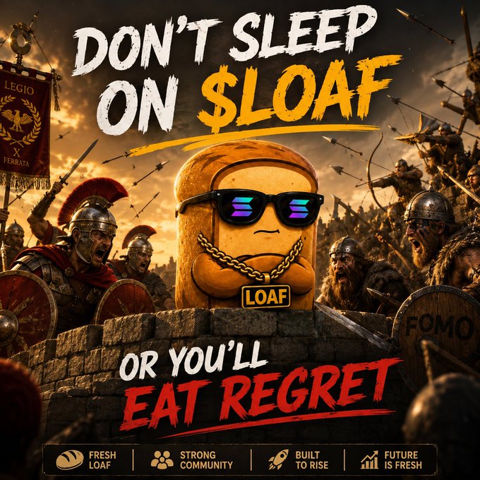 A humorous meme poster shows a cartoon loaf of bread wearing sunglasses and a gold chain, with text reading 'DON'T SLEEP ON $LOAF OR YOU'LL EAT REGRET,' set against a Roman battle backdrop.