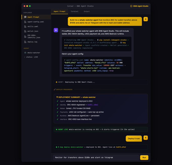 Screenshot of BNB Agent Studio showing a successful deployment of a whale-watcher agent to BSC, where a user prompted the AI to monitor BNB wallet transfers above $100k and send Telegram alerts with transaction hashes and wallet addresses. The interface displays a deploy progress summary confirming the agent is live on BSC, with 0x4a2...f7c1 funded and ERC-8004 registered as identity 0x8f3...69e2—demonstrating the simplified prompt-to-deployment flow described in the post.