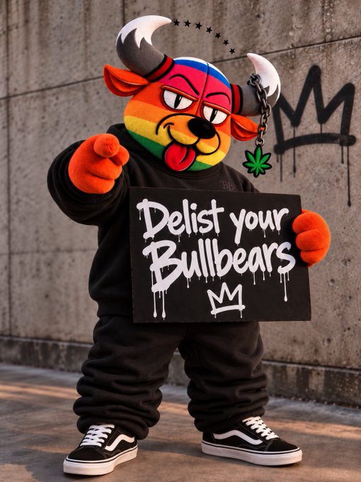A costumed character with a rainbow bull mask and horns stands against a graffiti-covered wall, holding a sign that reads "Delist your Bullbears" with a small crown logo.