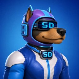 A 3D rendering of a Shiba Inu dog wearing a purple and blue futuristic astronaut suit and helmet with 'SD' on the visor and chest.