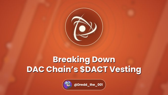 A bold orange graphic titled "Breaking Down DAC Chain's $DACT Vesting," featuring the DAC Chain logo and credited to @Dredd_the_001, introducing an analysis of the $DACT token—one of two coins in the DAC Chain ecosystem—with a capped total supply of 1 billion and an ERC-20 standard on Ethereum.