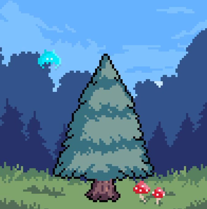 Pixel art depicting a snowy pine tree in a forest clearing with two red mushrooms at its base, set against a blue twilight sky with a blue creature.
