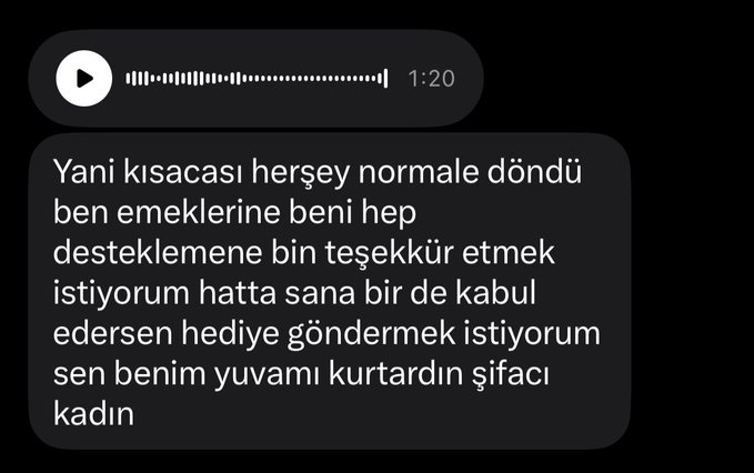 A screenshot of a 1:20 audio message in Turkish expressing deep gratitude to someone for restoring their home, calling them a "healing woman," with the post tagged "RUNE."
