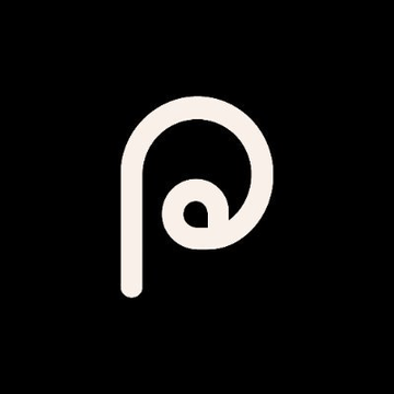 A minimalist logo featuring a white lowercase letter 'p' with a circular swirl design on a solid black background.