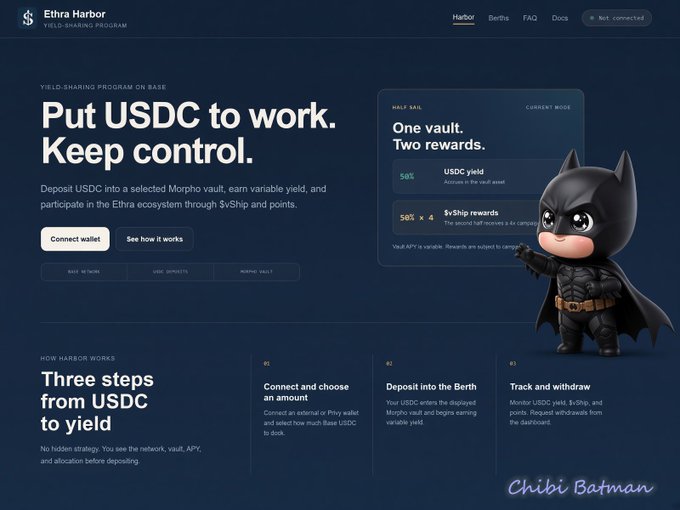 A webpage for 'Ethra Harbor' yield-sharing program on Base featuring a chibi Batman character, advertising USDC yield deposits with rewards including 50% USDC yield and $vShip rewards.