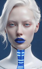 A stylized digital portrait of a pale woman with white hair, red eyes, and glossy blue lips against a blue background.
