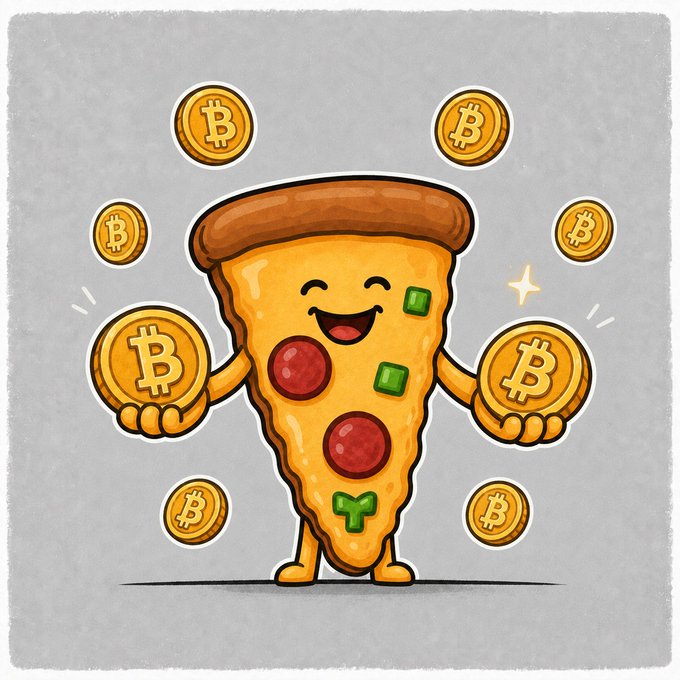 A cartoon illustration of a smiling slice of pizza holding two gold Bitcoin coins, surrounded by more floating Bitcoin coins against a gray background.