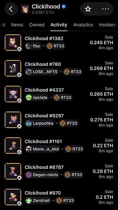 A screenshot of NFT marketplace activity for the "Clickihood" collection shows multiple recent sales all to buyer "RT33," with prices ranging from 0.2 to 0.29 ETH, suggesting heavy accumulation despite the post's claim that the legendary floor has risen to 0.35 ETH.