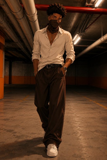 The image features a man wearing brown pants and a white shirt standing in an empty parking garage with orange walls. The man appears to be posing for a photo or possibly taking a break from work, as he has his hands in his pockets. The background of the image is dominated by pipes running along the ceiling, which adds to the industrial atmosphere of the scene.