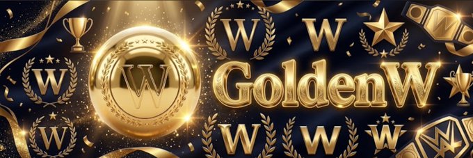 A luxurious gold-themed banner featuring the text "GoldenW" prominently displayed alongside multiple gold "W" monograms, laurel wreaths, a trophy, a star, and a championship belt, all set against a dark background with sparkling accents. The image reflects the premium, "golden" branding of the Solana token $GLDN, visually emphasizing the ticker symbol through the repeated "W" motifs and metallic gold aesthetic.