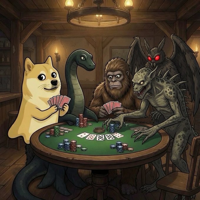A fantasy illustration depicting a Shiba Inu, sea serpent, Bigfoot/yeti, goblin, and a winged red-eyed bat creature playing poker around a green table in a wooden cabin.