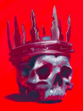 A digital artwork depicting a silver skull wearing a spiky crown against a bold red background.