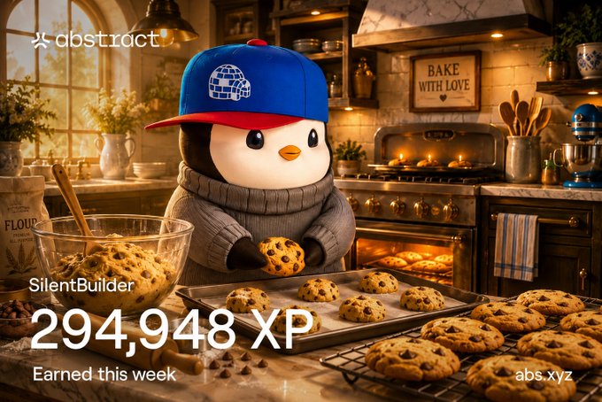 The image features a cartoon penguin wearing a blue hat with "Star Wars" written on it, standing next to a baking sheet filled with cookies. The penguin appears to be holding a cookie while standing in front of an oven. In the background, there is a kitchen counter and various cooking utensils such as spoons and bowls.

The image also contains text that reads "I earned 294,948 XP on @AbstractChain this week.For me, the most fun part this week was baking cookies at Rugpull Bakery. I was a bit surprised to earn the same amount of XP as last week. After getting the Quant role, I thought my XP would increase even more, but instead my XP".