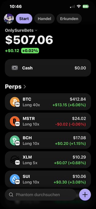 An image with a black background, showing a phone screen displaying several trading symbols like BCH and MSTR against various prices ranging from $17 to $18. Also shown are options for buying and selling Bitcoins. A post is available at the top of this image that says "ONLYSUURBETBETS". The caption reads "Start".