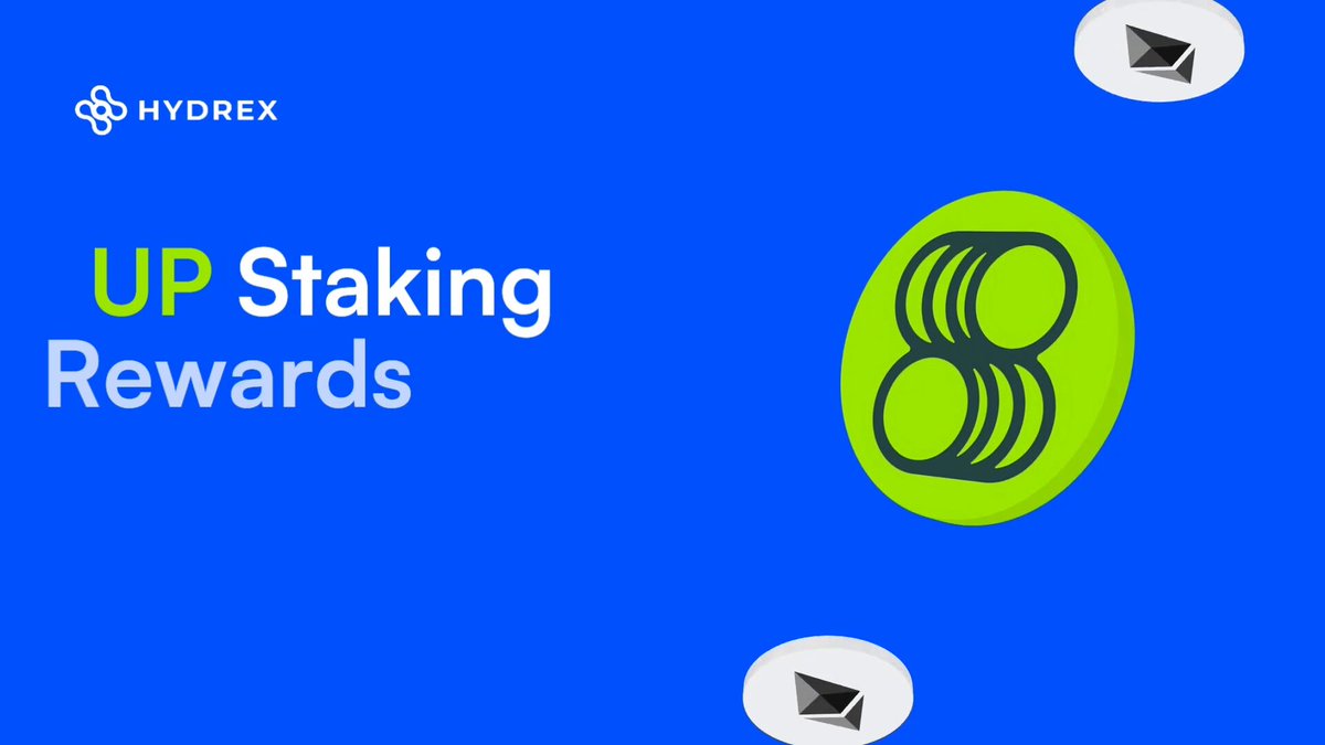 The image features a blue background with white text that reads "UP/WETH has arrived on @hydrexfi". The text also mentions earning staking rewards and trading fees, which are related to the cryptocurrency market. The image includes three circles of varying sizes placed at different positions in the frame, creating an interesting visual effect.