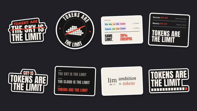 A collection of eight sticker-style graphic designs on a dark background, with most featuring variations of the phrase 'TOKENS ARE THE LIMIT' in different typographic styles, along with phrases like 'SAME LIMIT. 20% CHEAPER.' and 'lim ambition = tokens'.