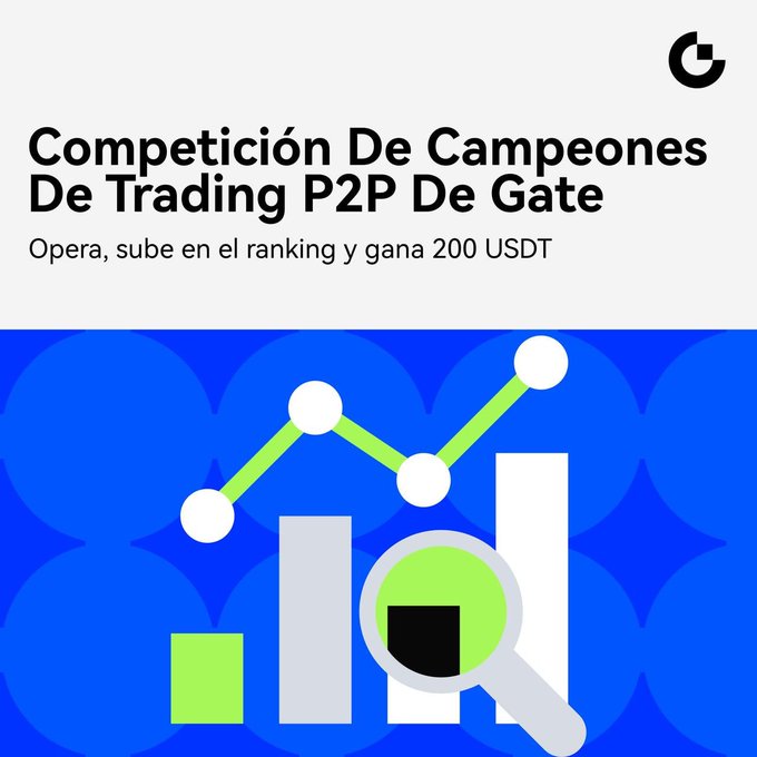 Gate.io promotional banner in Spanish reading 'Competición De Campeones De Trading P2P De Gate' with the subtitle 'Opera, sube en el ranking y gana 200 USDT'.