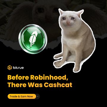 A promotional graphic for Bitrue featuring a white cat beside a green feather icon, with text reading "Before Robinhood, There Was Cashcat" and a "Trade & Earn Now" button, illustrating the claim that $CASHCAT was an early potential name for Robinhood.