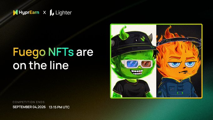 Advertisement banner for HyprEarn x Lighter announcing 'Fuego NFTs are on the line' with a competition ending September 04, 2026 at 13:15 PM UTC, featuring two devil-like cartoon NFT characters (green and fire-headed).